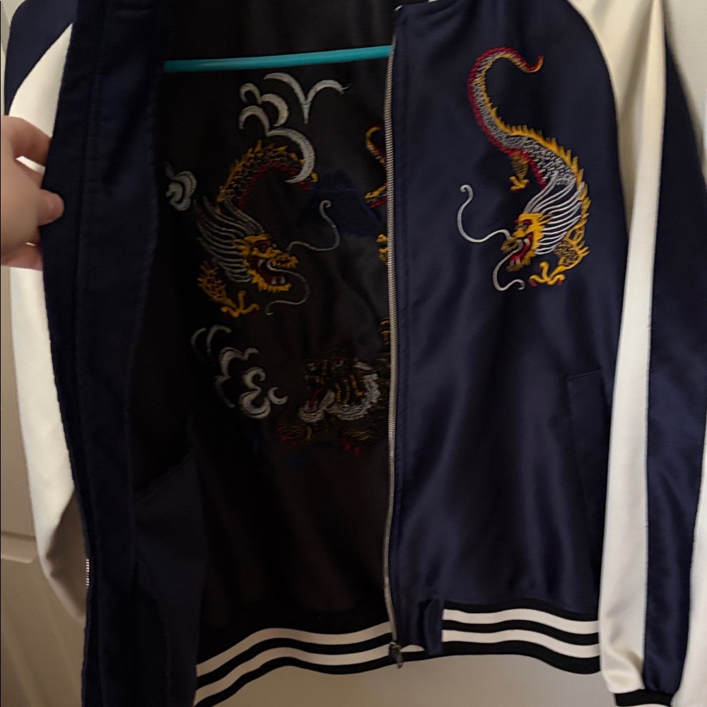 Navy & Cream Dragon Satin Bomber Jacket - Picture 3 of 7